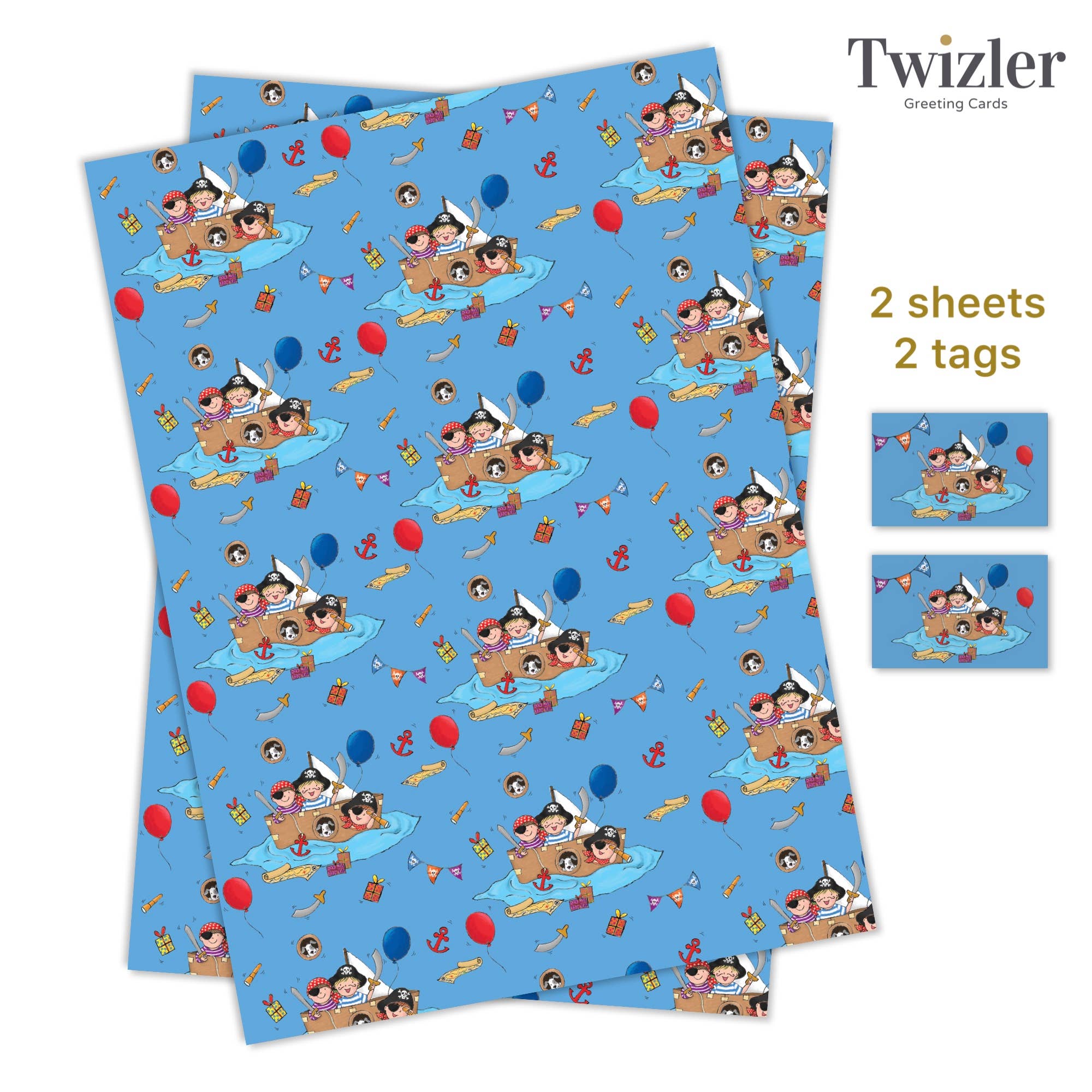Twizler Ltd – Großhandel Geschenkpapier in Bögen – Piraten — Geschenkpapier für Kinder — Verpackt mit 2 Bögen und 2 Anhängern0