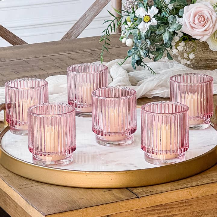 Kate Aspen - Vente Bougeoirs - Bougeoir votif en verre rose côtelé (lot de 6)