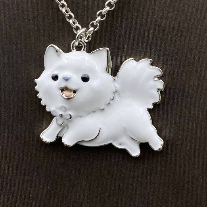 Mio Queena - Wholesale Pendant/Charm Necklace - Enamel White Dog Pomeranian Charm Necklace2