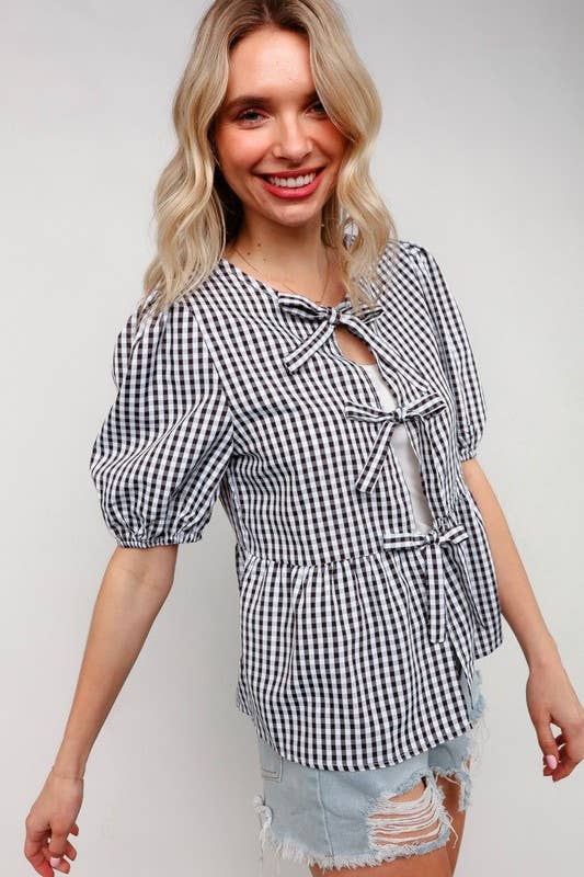 NOIR/BLANC Haut à manches courtes vichy babydoll à ruban en vente sur Faire3