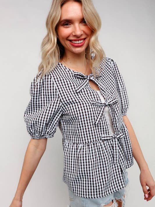 BLACK WHITE Ribbon Babydoll Gingham Check Short Sleeve Top for wholesale on Faire3