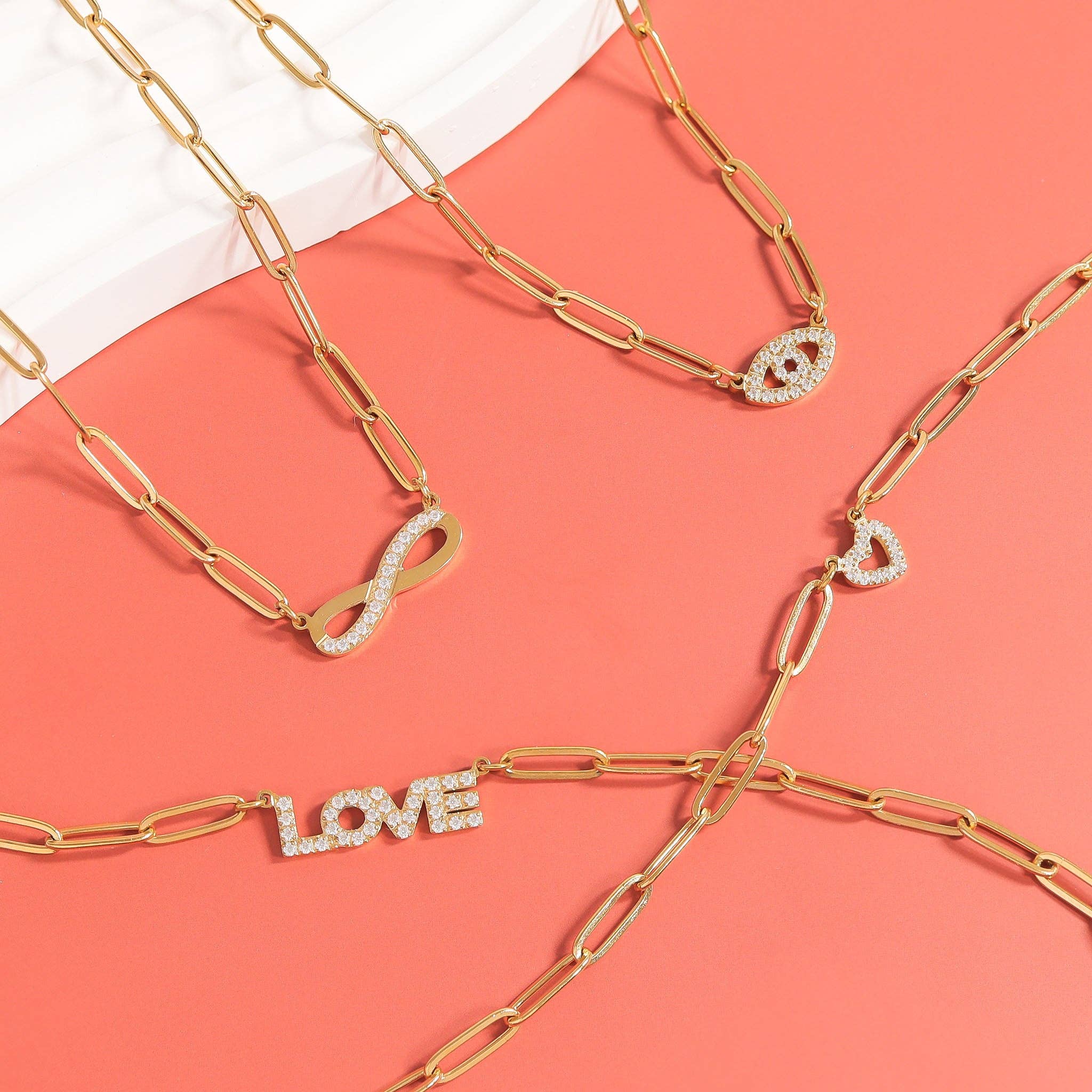 WJW - Wholesale Jewelry Set - 18K Gold PVD Stainless Steel Stone Heart Paperclip Chain Set4
