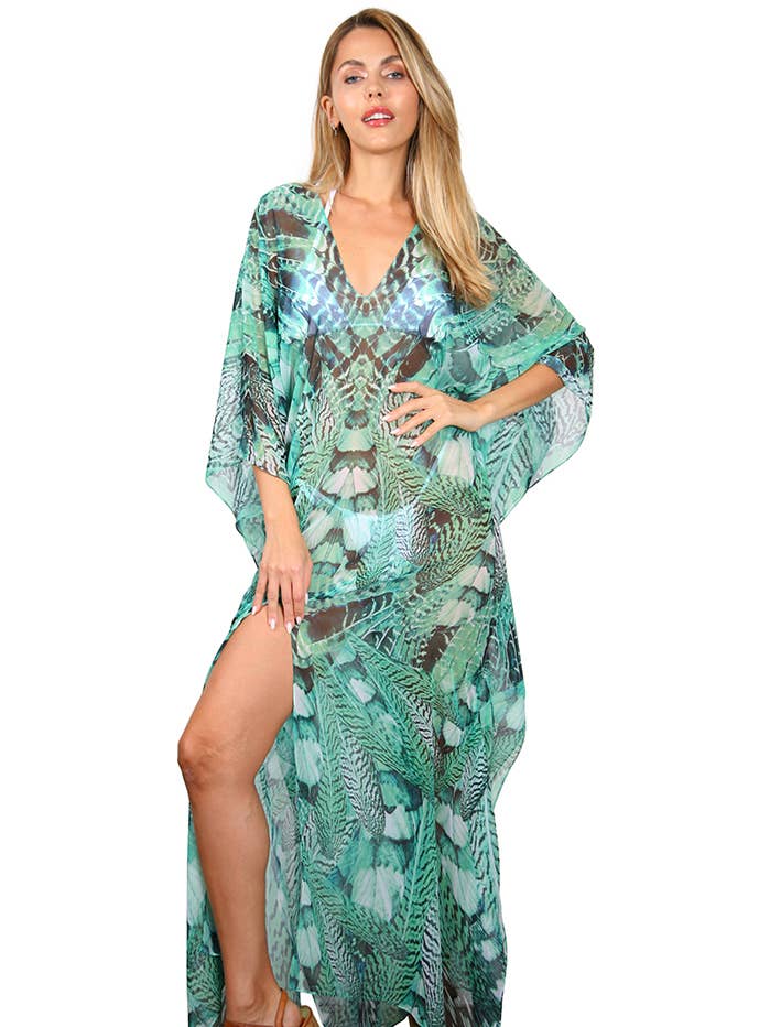 Green Feather - Slit Maxi Kaftan for wholesale by Lotta Stensson
