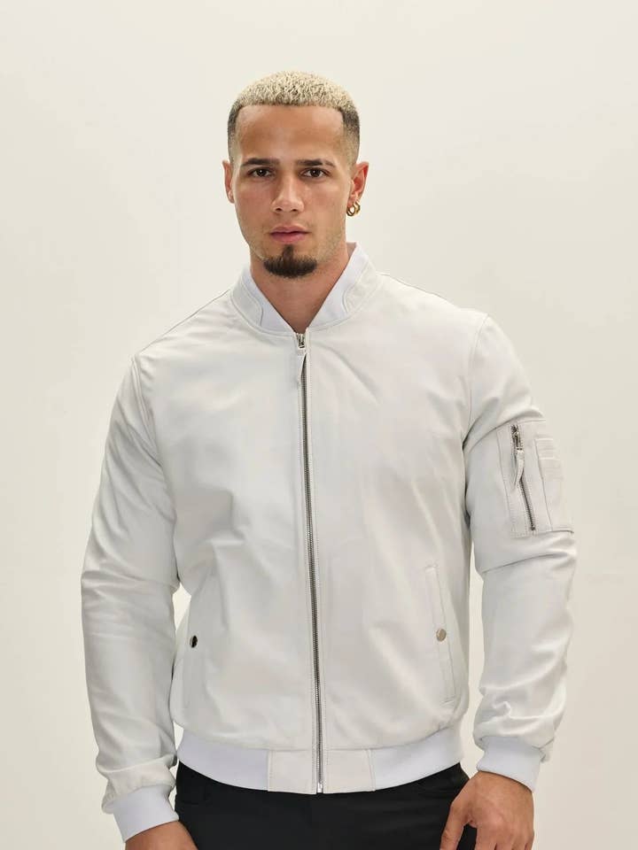 Men's Genuine Leather Bomber Jacket - White for wholesale by Ron Tomson