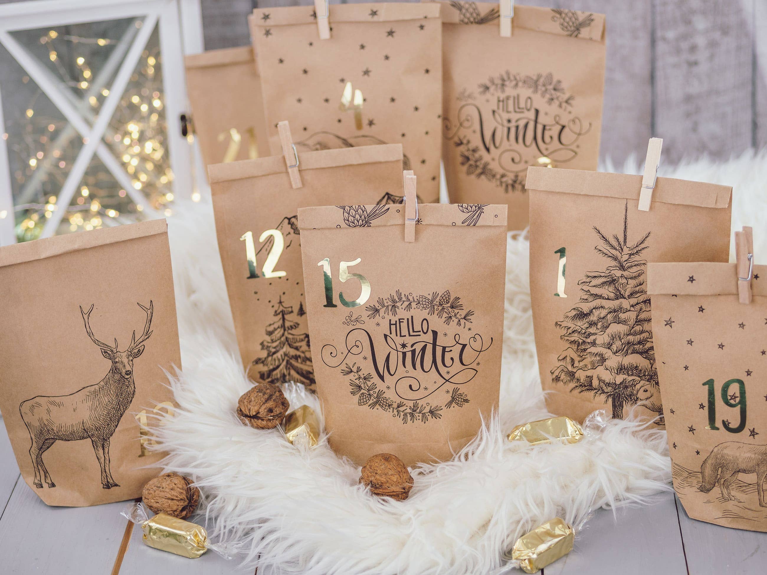 Papierdrachen – Großhandel Adventskalender – Adv Bedruckte Tüten - Packpapier schwarz - Set 22