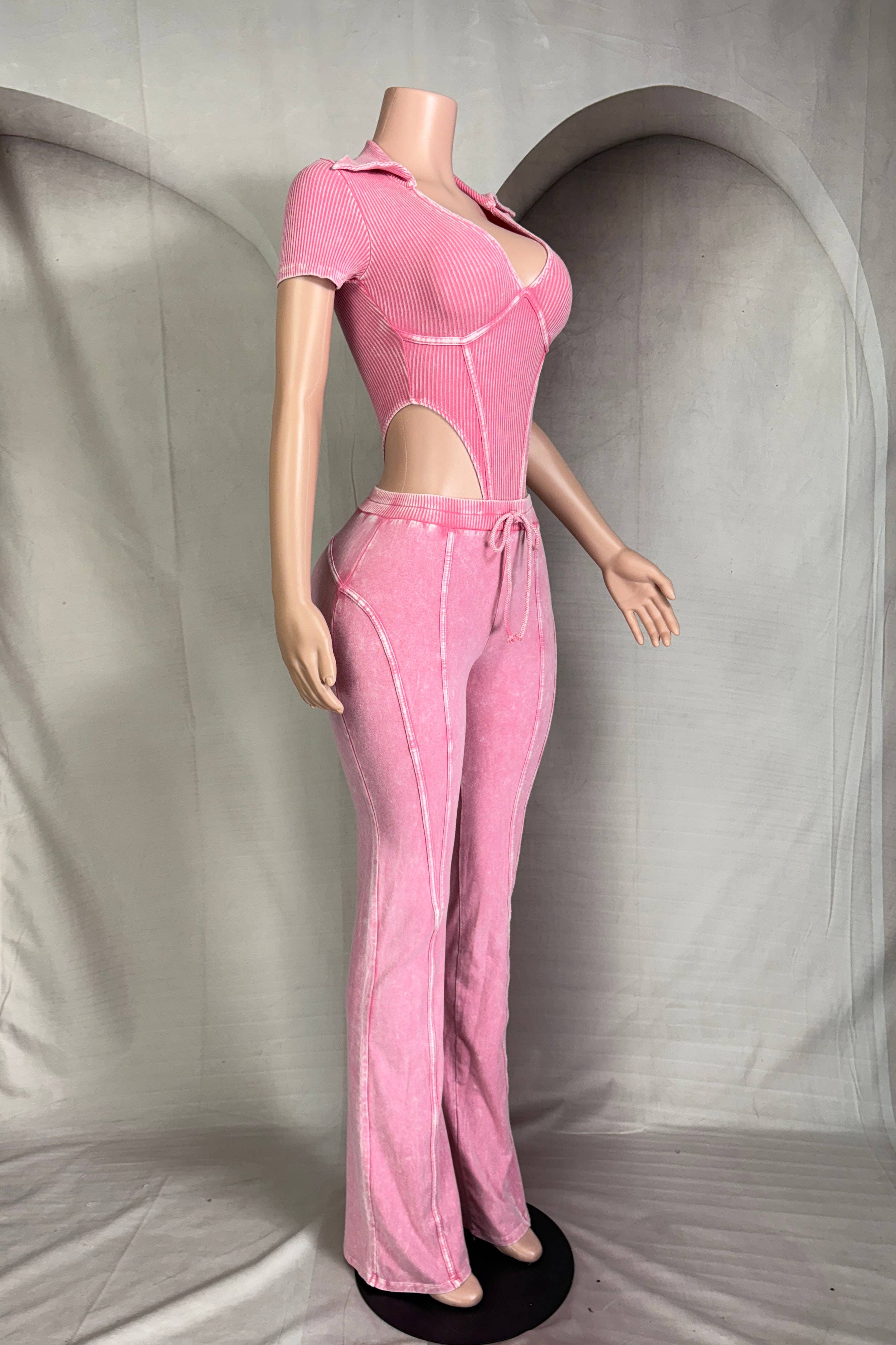 Dalia Studio - Wholesale Top & Pant Set (NOT Loungewear) - Women's - MINERAL WASH DEEP-V COLLARED BODYSUIT & PANT SET7