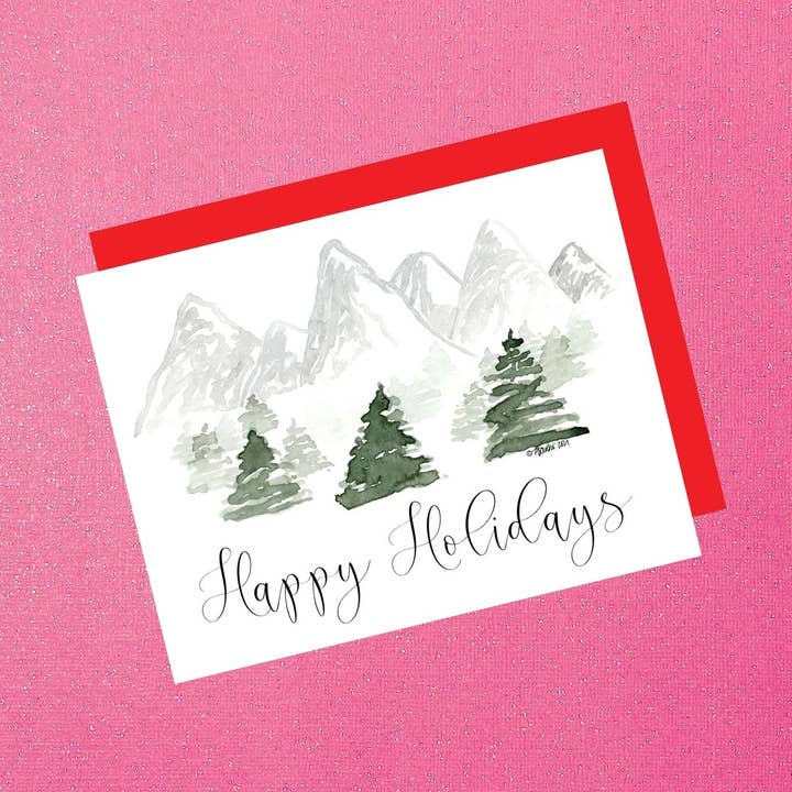 Fijne feestdagen Berglandschapskaart — handgeschilderd aquarel voor wholesale door Tiffany Ascensio Designs | Watercolor Greeting Cards