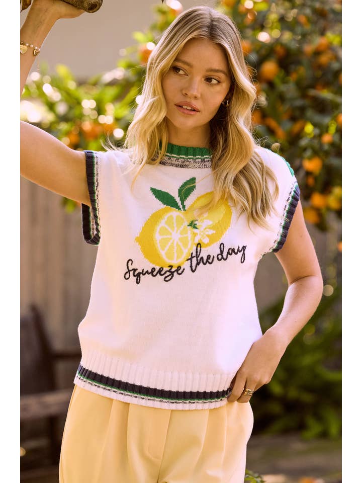 White Yellow Contrast Detail Lemon Graphic Sweater for wholesale on Faire3