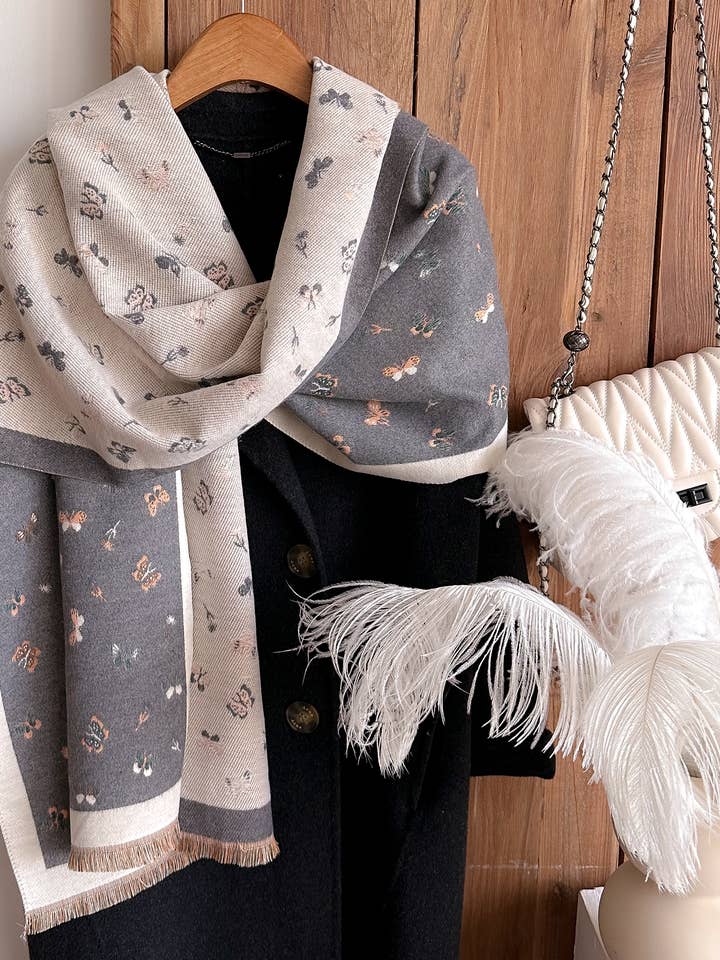 Gray / White Butterflies Reversible Wrap for wholesale by Winding River