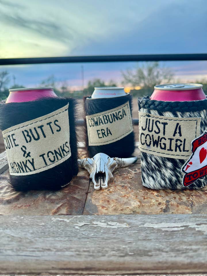 Cowhide Can Koozie/Can Koozie/Western Can Koozie for wholesale by Wild Hancock Creations