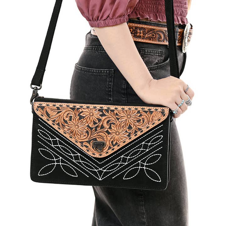 LS Western - Wholesale Crossbody Bag - Women's - ADBG1623A Western Floral Tooled Leather Envelope Bag - Black Genuine suede Envelope by American Darling7