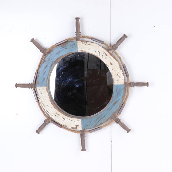 Rusty wooden ship wheel mirror for wholesale by Peterson Housewares & Artwares