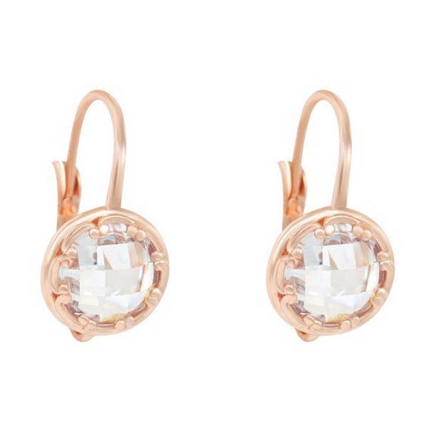 Bella Rose Cut Round White Cubic Zirconia CZ Rose Gold Drop/Dangle Earrings Wedding-Gift-Bridal Jewelry for wholesale by TiaraBleu