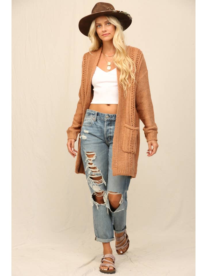 KyeMi - Vente Cardigan – femme - Long cardigan en maille douce avec poche latérale3