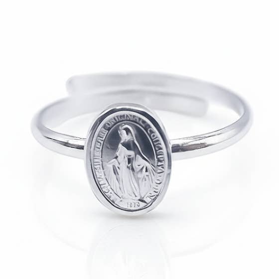 Bague ajustable en argent avec médaille miraculeuse pour la vente par Guadalupe Gifts