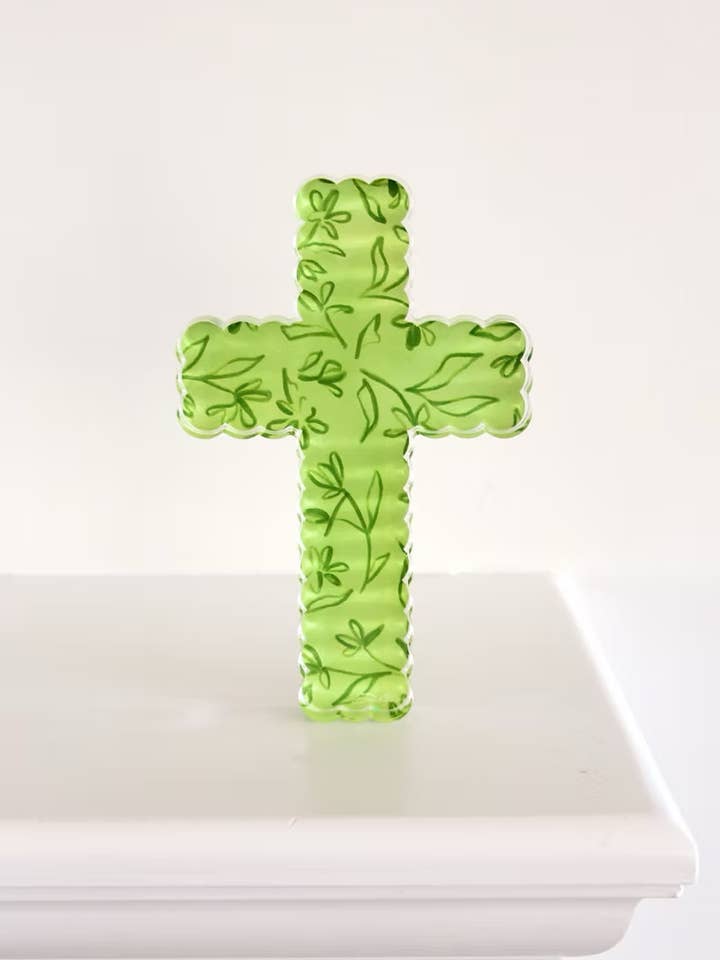 Green Cross Acrylic Shelfie for wholesale by Dallis Foshee Art & Design, LLC