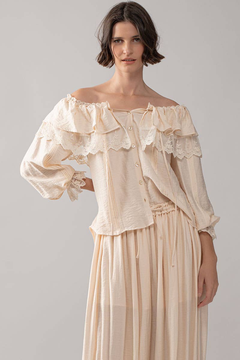 Urban Daizy - Wholesale Blouse - Women's - Lace Trim Ruffle Tie Neck Spring Blouse Top25