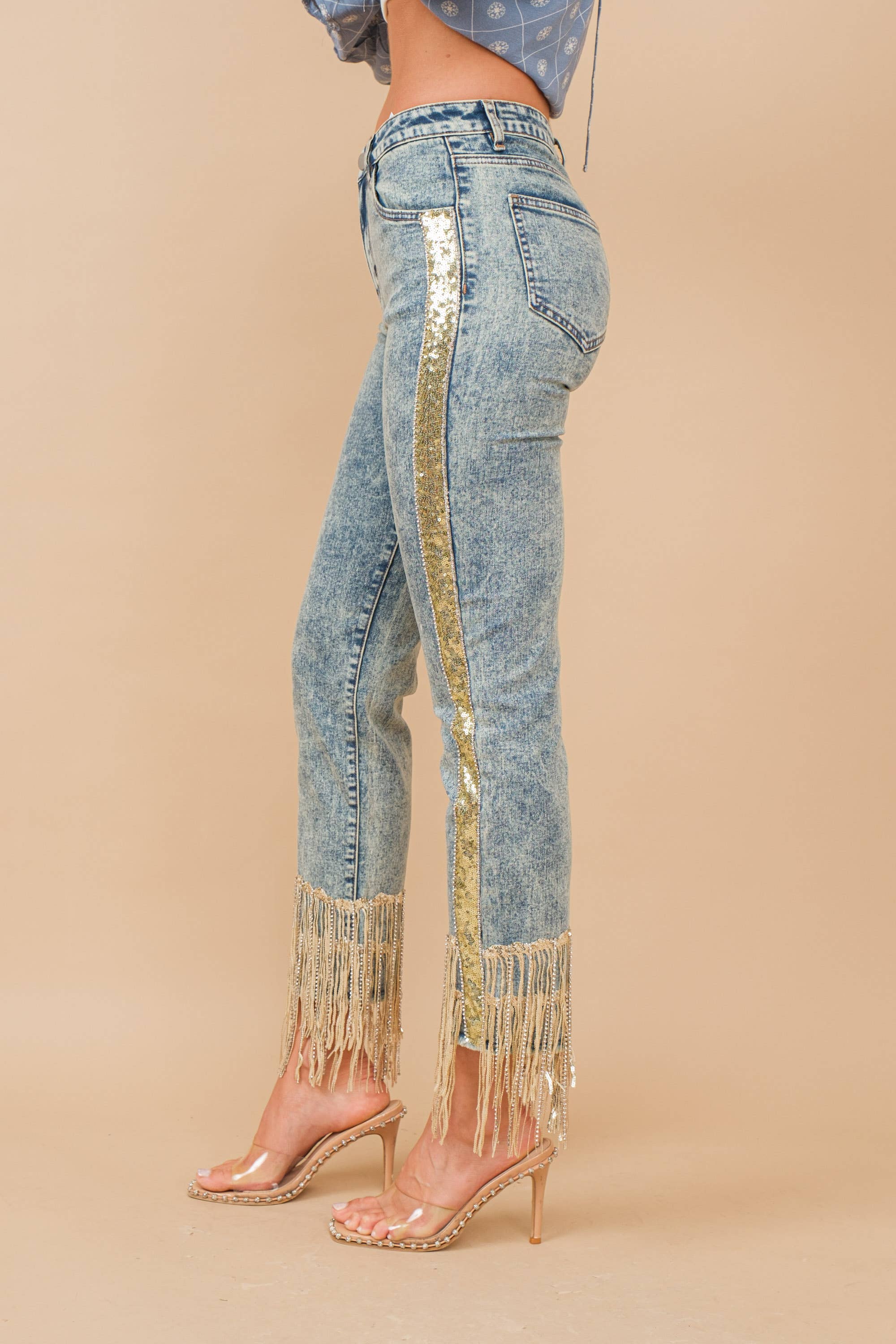 Blue B - Wholesale Jeans - Women's - 80058P - Garment Washed Side Sequin Tape Fringe Denim Jeans10