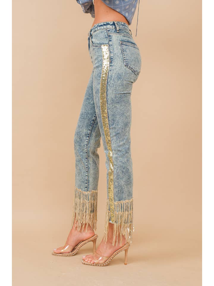 Blue B - Wholesale Jeans - Women's - 80058P - Garment Washed Side Sequin Tape Fringe Denim Jeans10