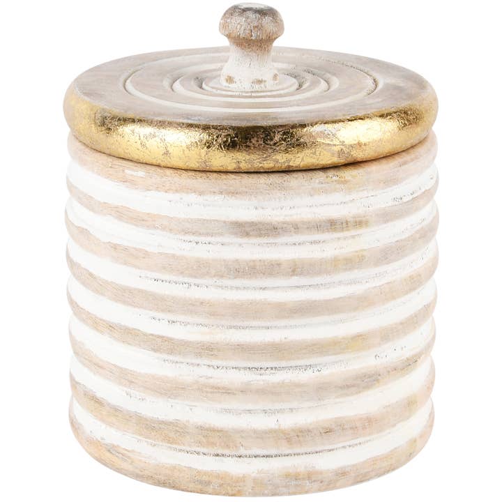 Opbevaringskrukke m/riller, natur/hvid, træ, 12x12x15 cm for engroshandel hos Dekoratief