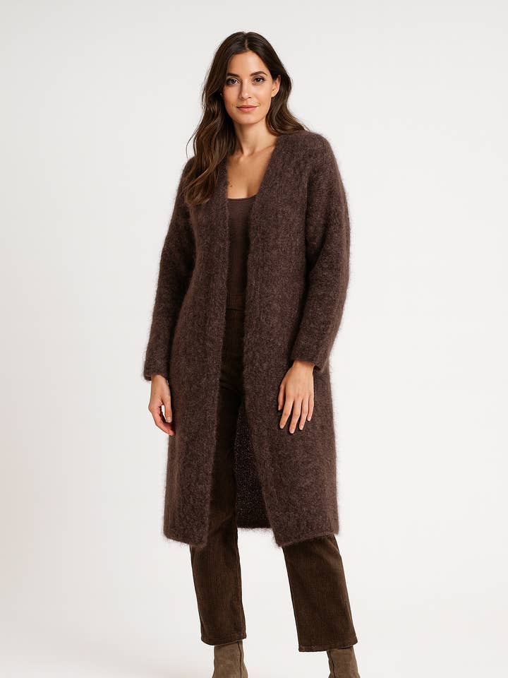 Lang strikcardigan med åben front i mohair for engroshandel hos TAMBA