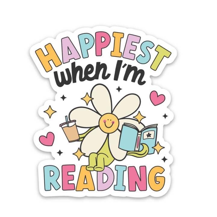 Plus heureux quand je lis | Autocollant résistant aux intempéries pour la vente par Eleven