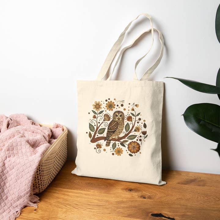 Folk Art Barred Owl Canvas Tote for wholesale by Wandering Owl Adventure Co.