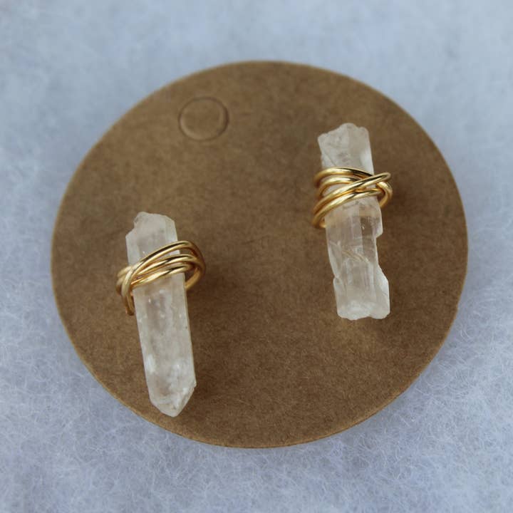 Style by Kenz - Wholesale Stud/Post Earrings - Quartz Crystal Wire Wrap Stud Earrings0