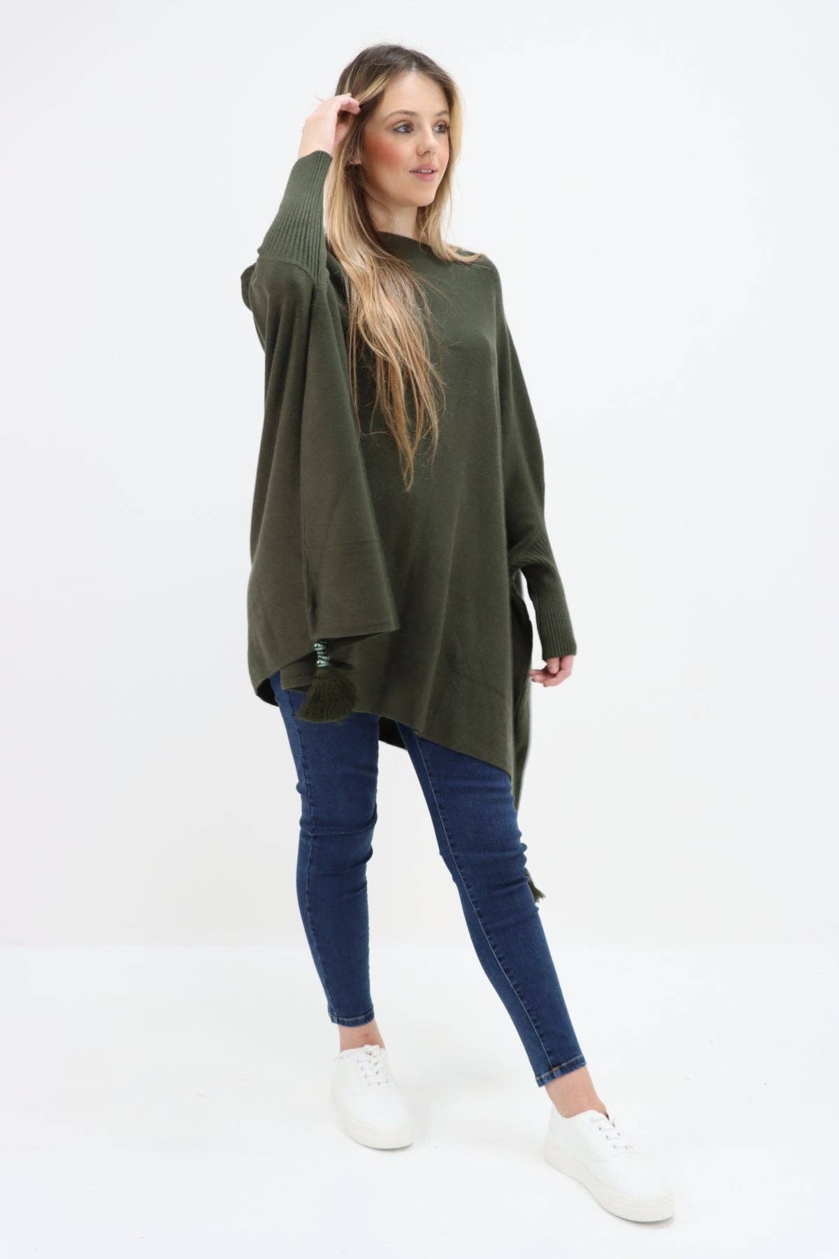 Miss Bold - Wholesale Poncho - Women's - Italian Plain Batwing Sleeves Tassels Tunic Poncho19