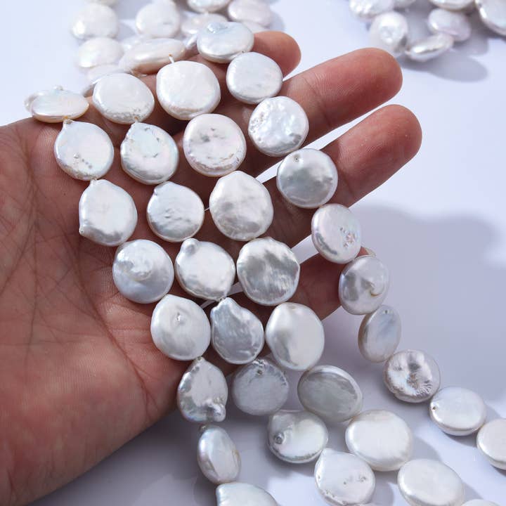 findings4uGem - Wholesale Beaded/Pearl Necklace - Natural Freshwater White Flat Coin Pearl Beads, FWP014