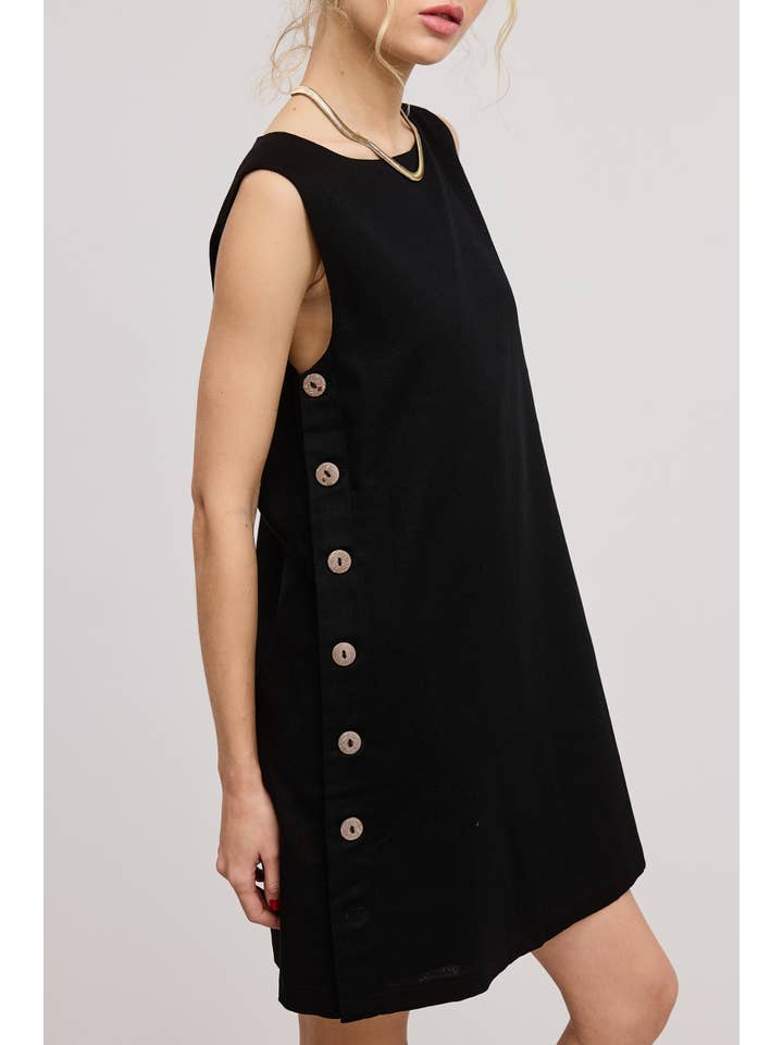 Mimosa - Wholesale Dress - Women's - Wooden Side Button Detail Sleeveless Linen Mini Dress3