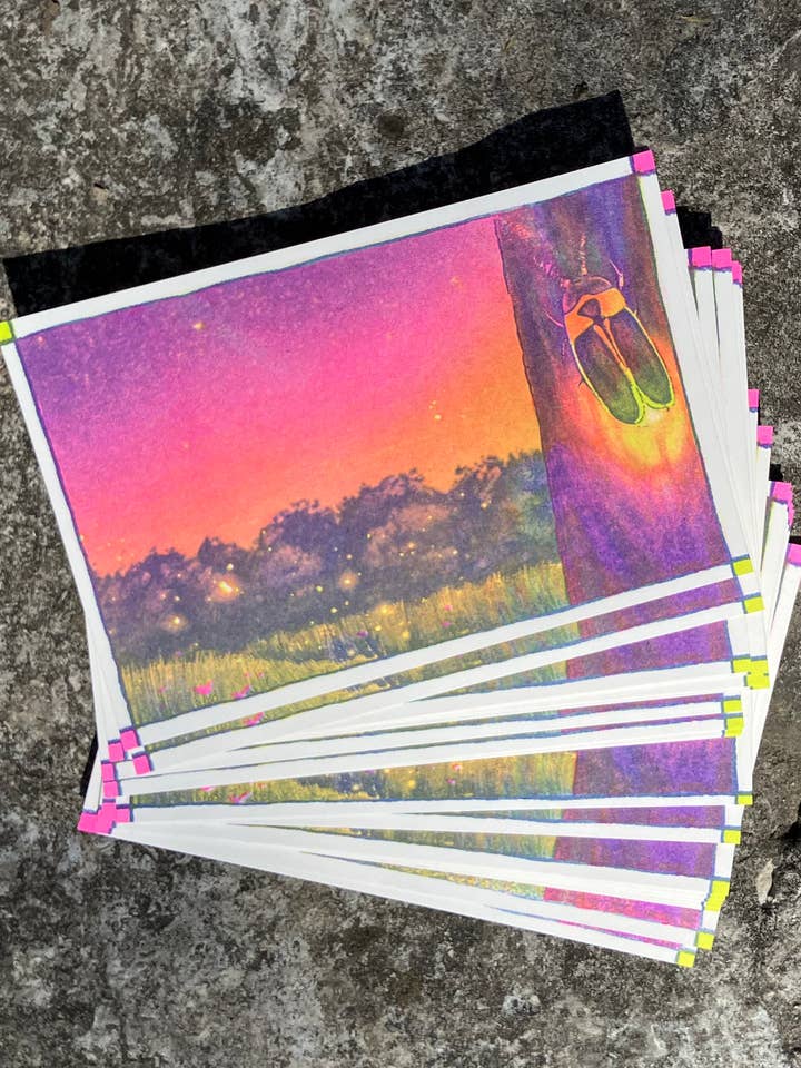 Risograph Firefly Postcard for wholesale by Sunflower Studio