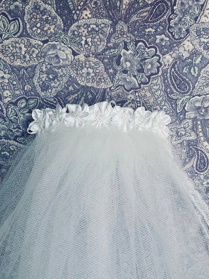 First 1st Communion Veil, White Satin Flower Decorated Comb for wholesale by Lace and Grace Veils