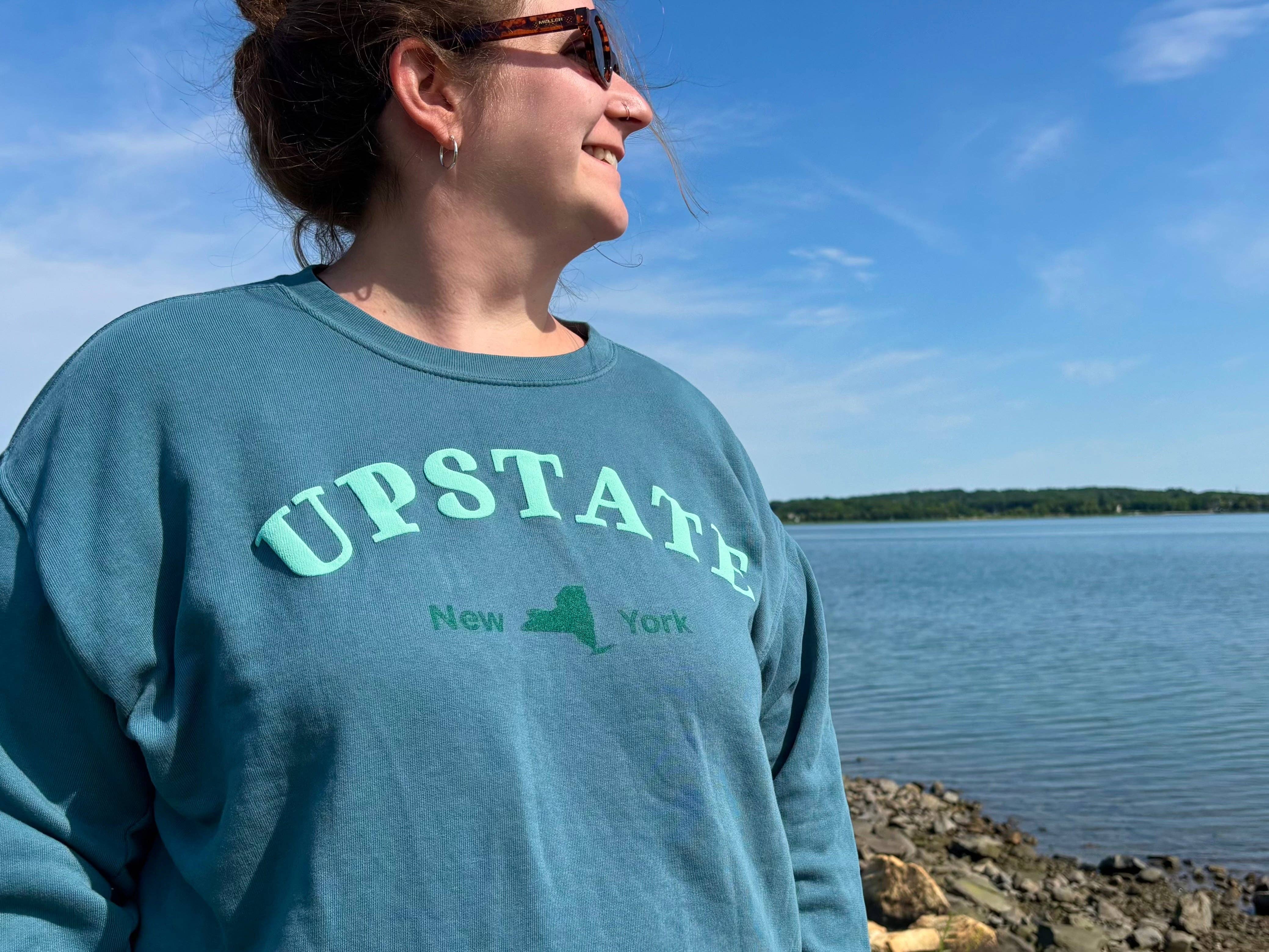 Just Wandering Co. - Wholesale Graphic Sweatshirt - Women's - Upstate New York Teal Puff Print Crewneck – Dyed Ringspun Fleece9