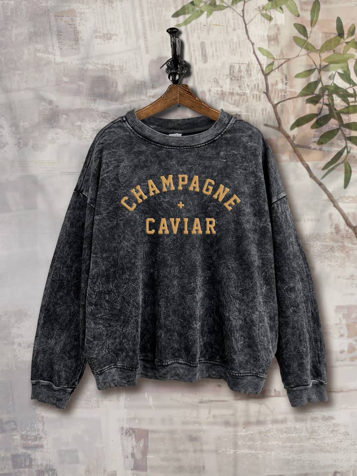 Vintage Point - Wholesale Graphic Sweatshirt - Women's - SWD385-P6216 - CHAMPAGNE & CAVIAR MINERAL WASHED SWEATSHIRT
