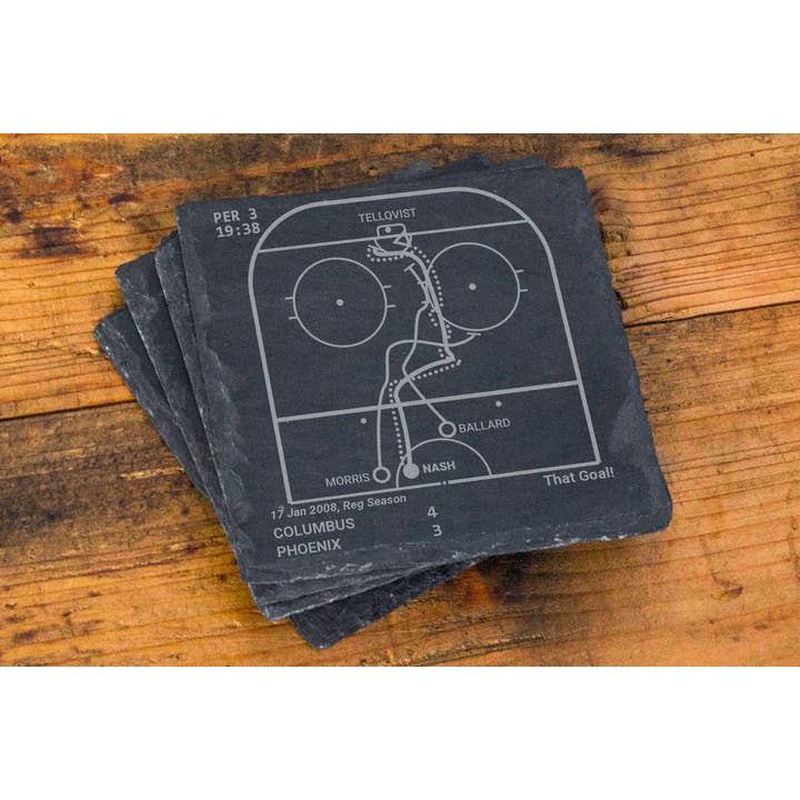 Greatest Blue Jackets Plays: Slate Coasters (Set of 4) for wholesale by Playbook Products