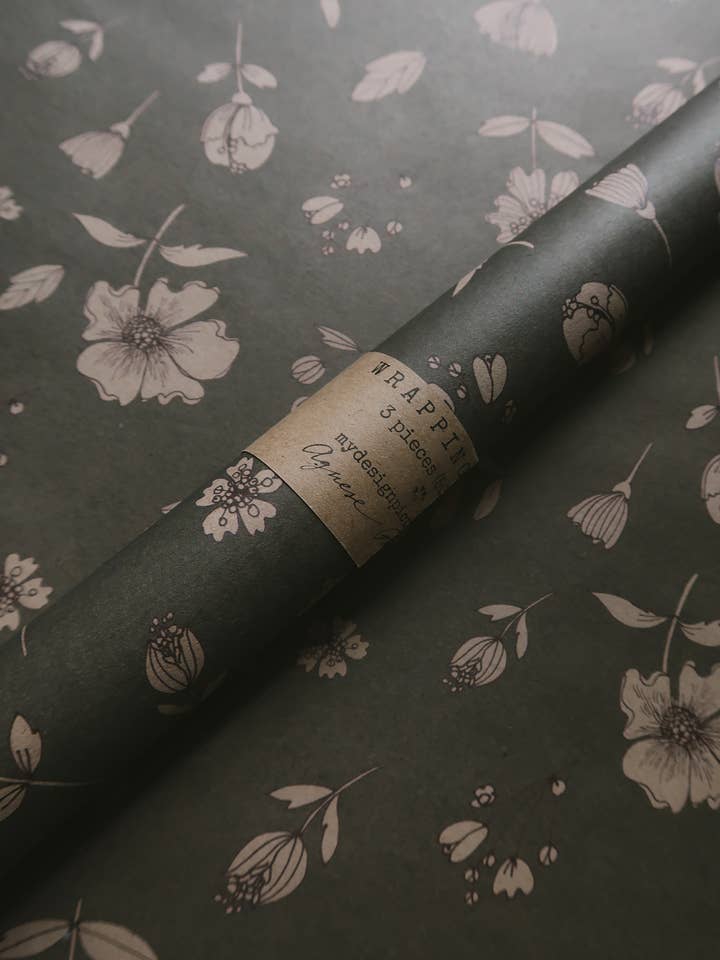 Set Of 3 Pieces florals on gray blue Kraft Wrapping Paper for wholesale by MyDesignPictures