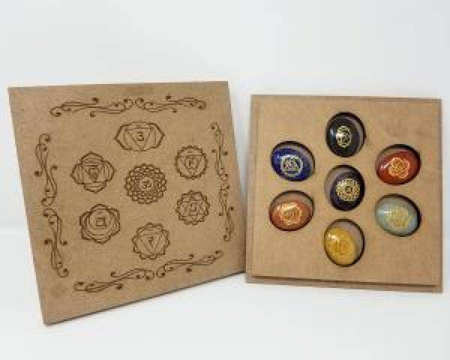 GREENROOTS USA LLC - Wholesale Spiritual Stone/Crystal - Gemstone 7 Chakra Symbol Oval Stones Set W/Box