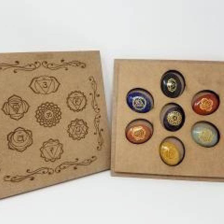 GREENROOTS USA LLC - Wholesale Spiritual Stone/Crystal - Gemstone 7 Chakra Symbol Oval Stones Set W/Box0