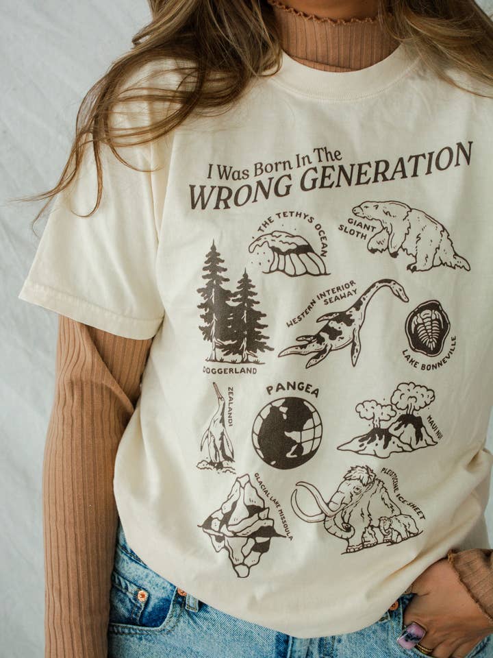 Wrong Generation Prehistoric Dinosaur Funny Tee (Coffee) for wholesale by Traildust Goods
