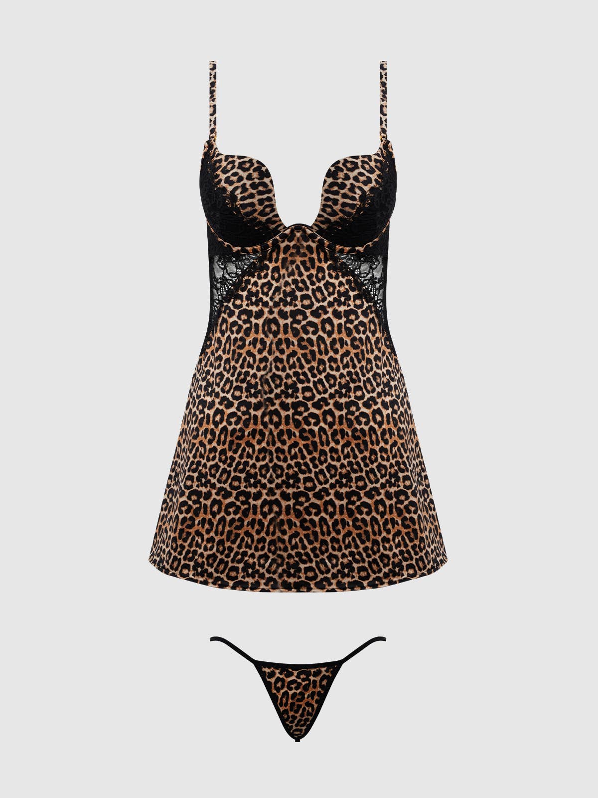 Leopard Black DEVON SILKY SATIN SWIRL PLUNGE PUSH UP BABYDOLL SET for wholesale on Faire9