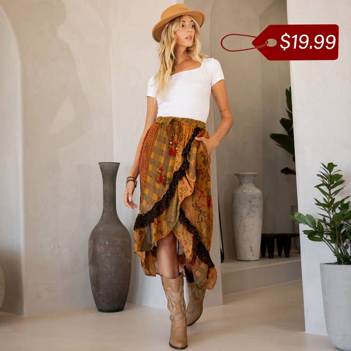 Boho Ruffle wrapped Fit & Flare Midi Skirt (New Color)
for wholesale by Young Threads