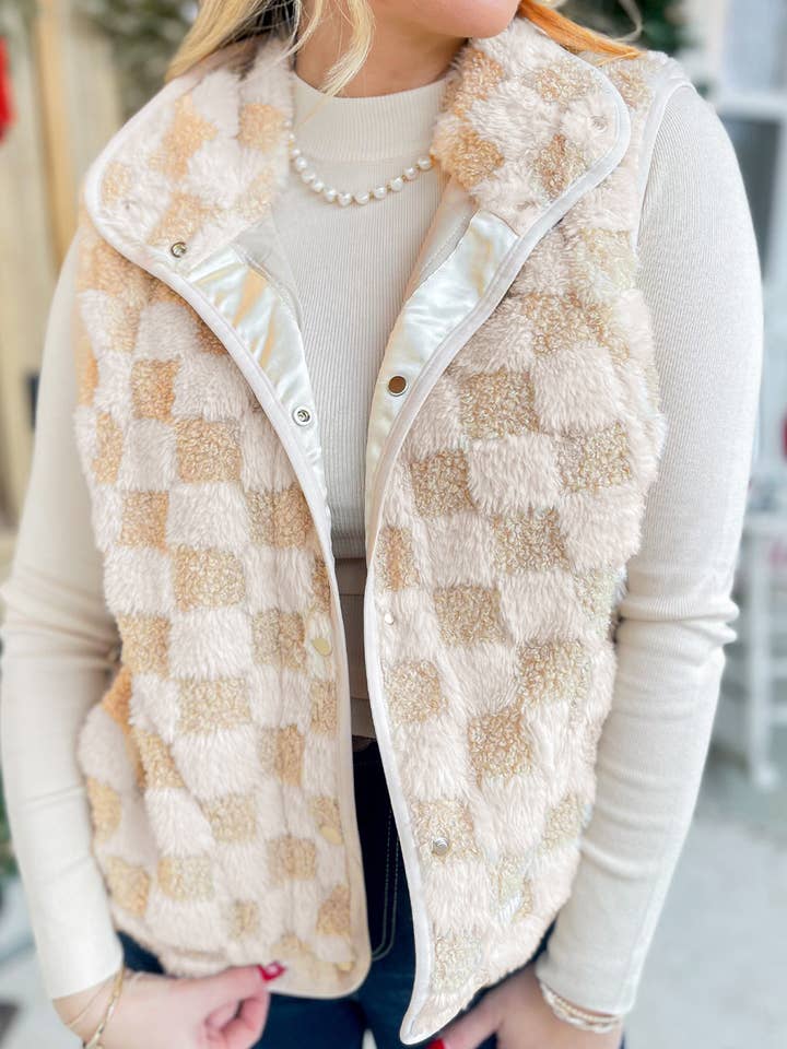 Khaki Sherpa Checkerboard Snap Button Vest Jacket for wholesale by 66DISCO