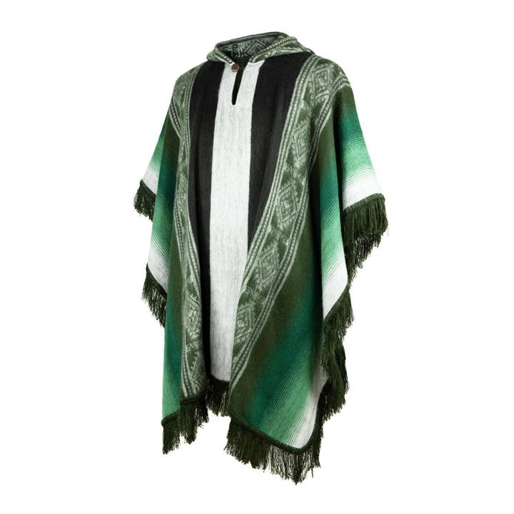 Muru - Lightweight Baby Alpaca Fringed Hooded Poncho - Green - Unisex for wholesale by ECUALAMA