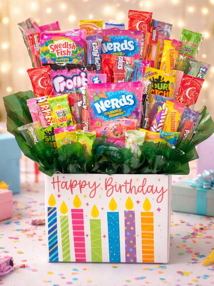 Bouquet de bonbons acidulés Taffy - Boîte de bougies d'anniversaire (Grande) pour la vente par So Sweet of You