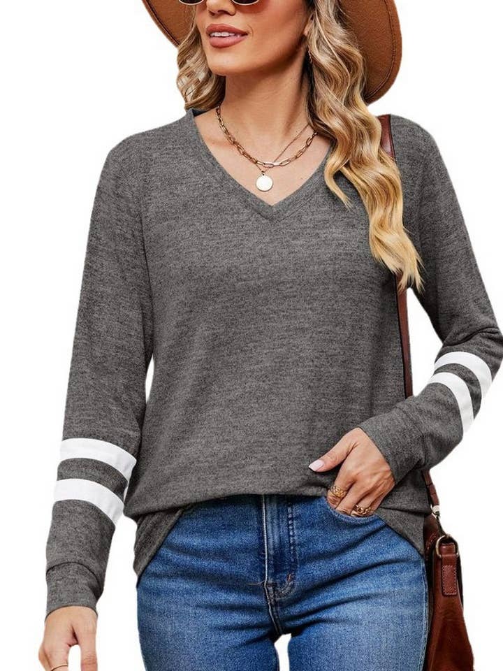 NINEXIS - Wholesale Blouse - Women's - CWTBLL2392_V-NECK LONG-SLEEVED CONTRAST COLOR LOOSE TOP24