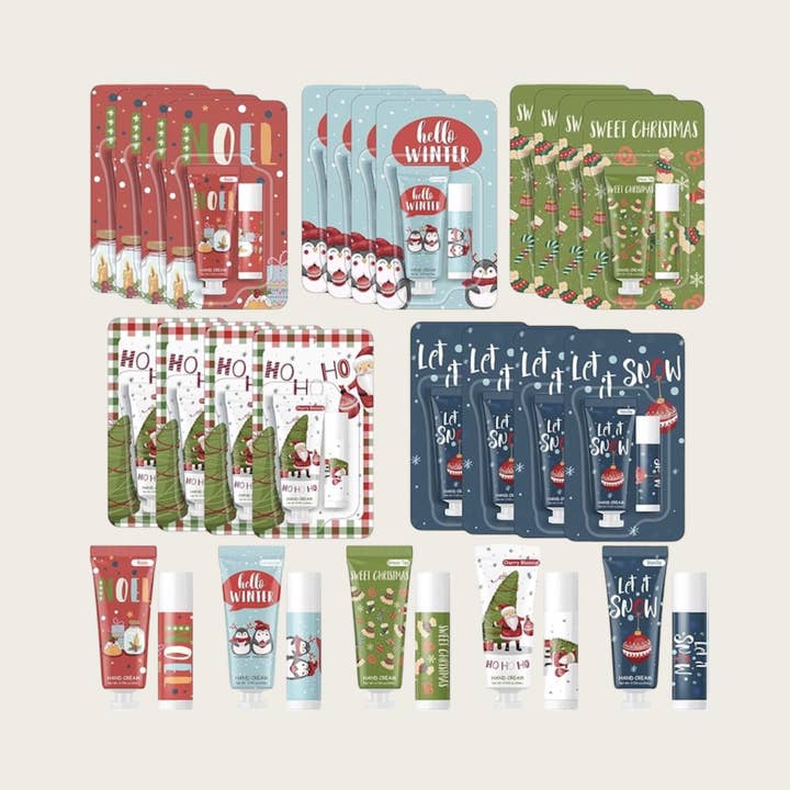 Coffrets de crème pour les mains et baume à lèvres sur le thème de Noël pour la vente par Ella Blue