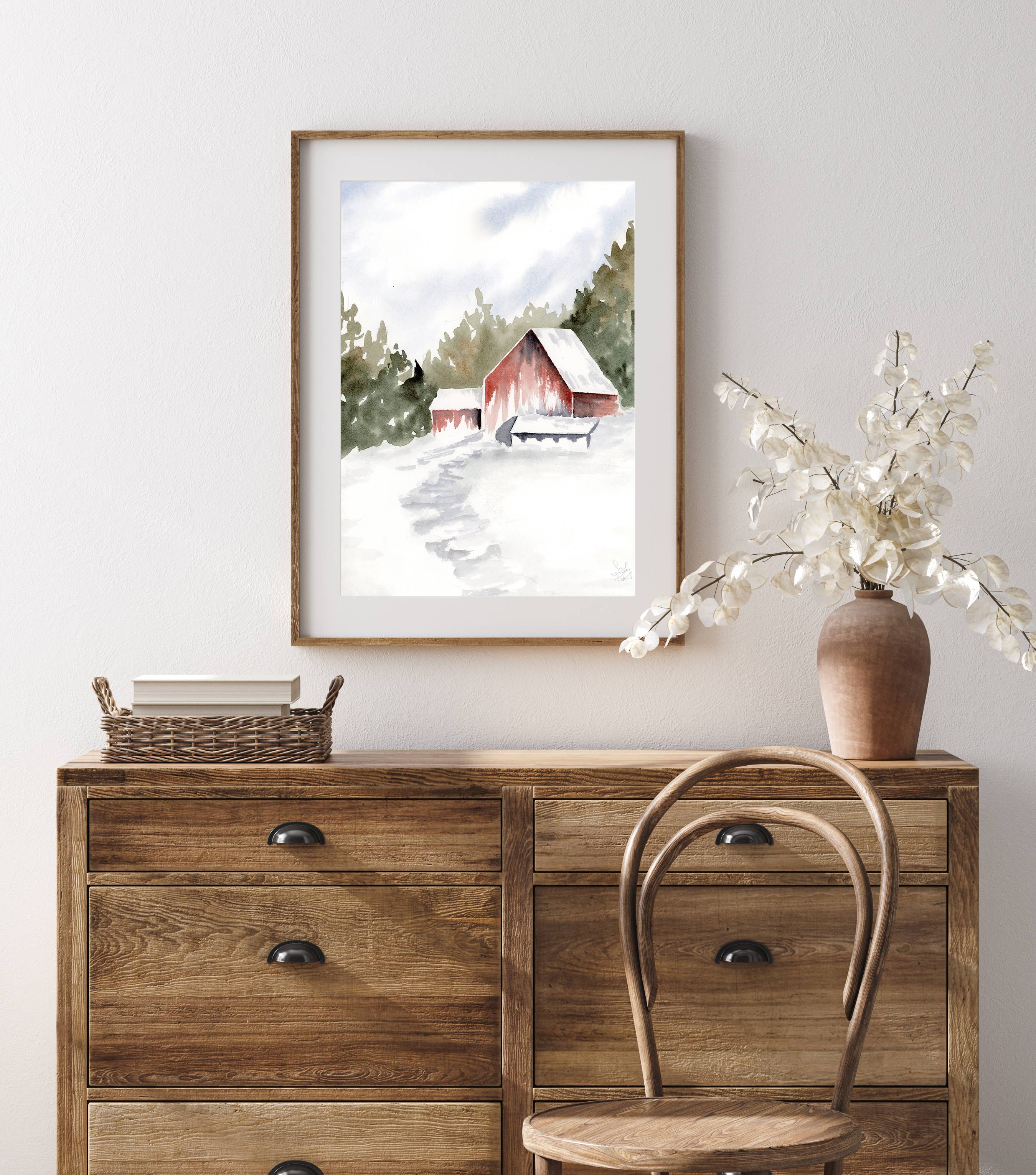 Sarah Jane Studio Art - Wholesale Art Print - Red Barn Winter Landscape Watercolor Print1
