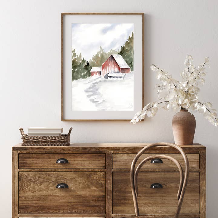 Sarah Jane Studio Art - Wholesale Art Print - Red Barn Winter Landscape Watercolor Print1