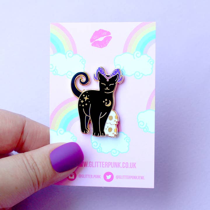 Glitter Punk - Wholesale Lapel Pin/Button - Halloween Horned Cat Enamel Pin; Gothic black cat with spook